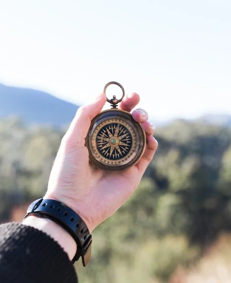 A hand holding a compass outside